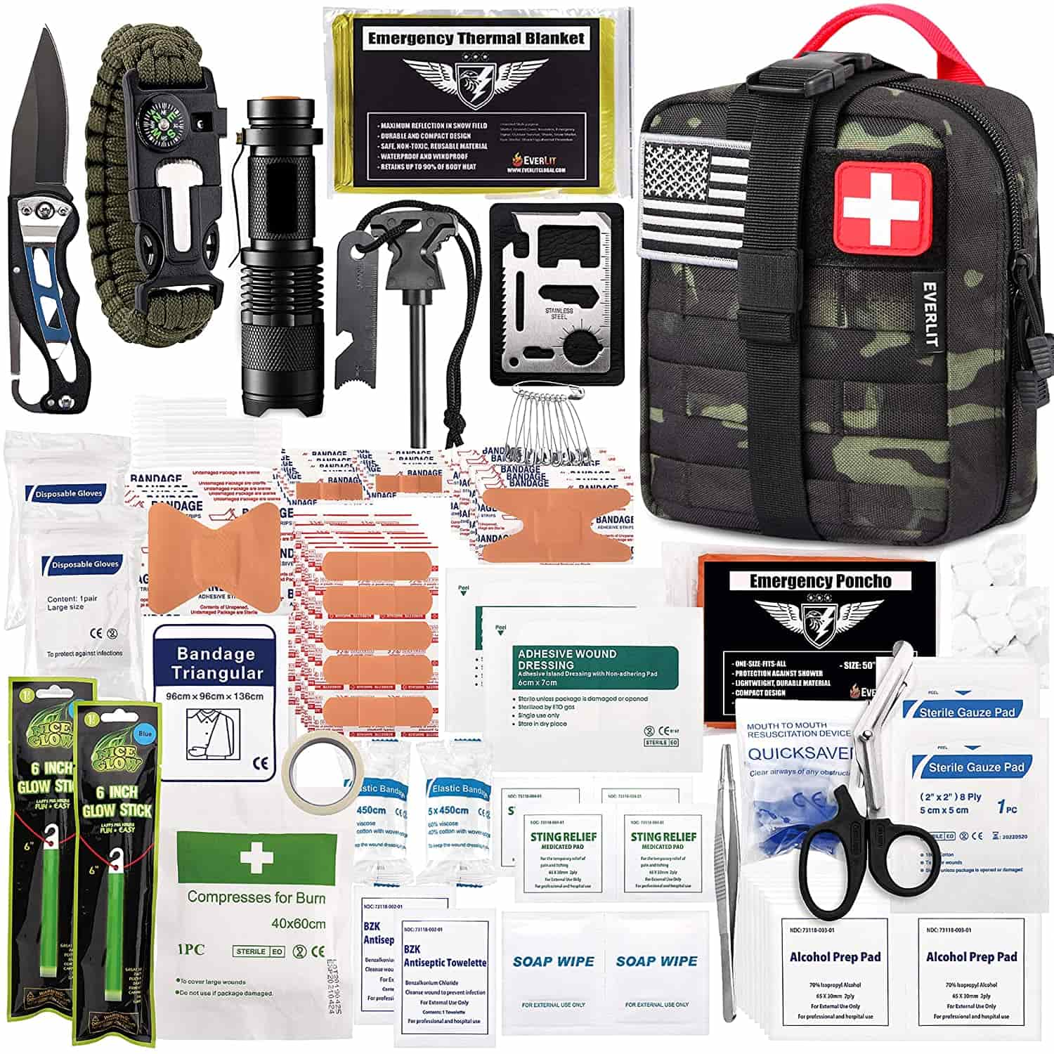 Black Camo Survival First Aid Kit တွင် 250 Piece First Aid Kit ပါရှိသည်။