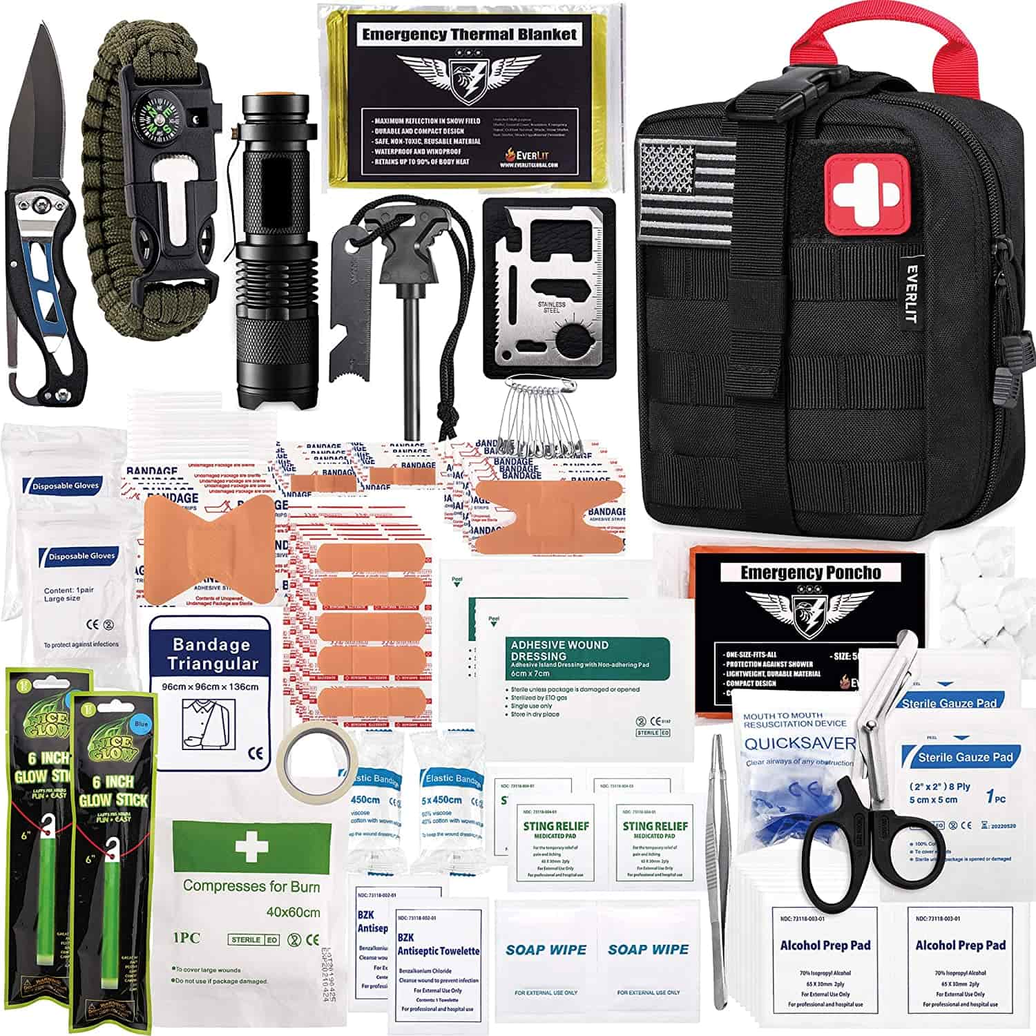 Black Survival First Aid Kit တွင် 250 Piece First Aid Kit ပါရှိသည်။