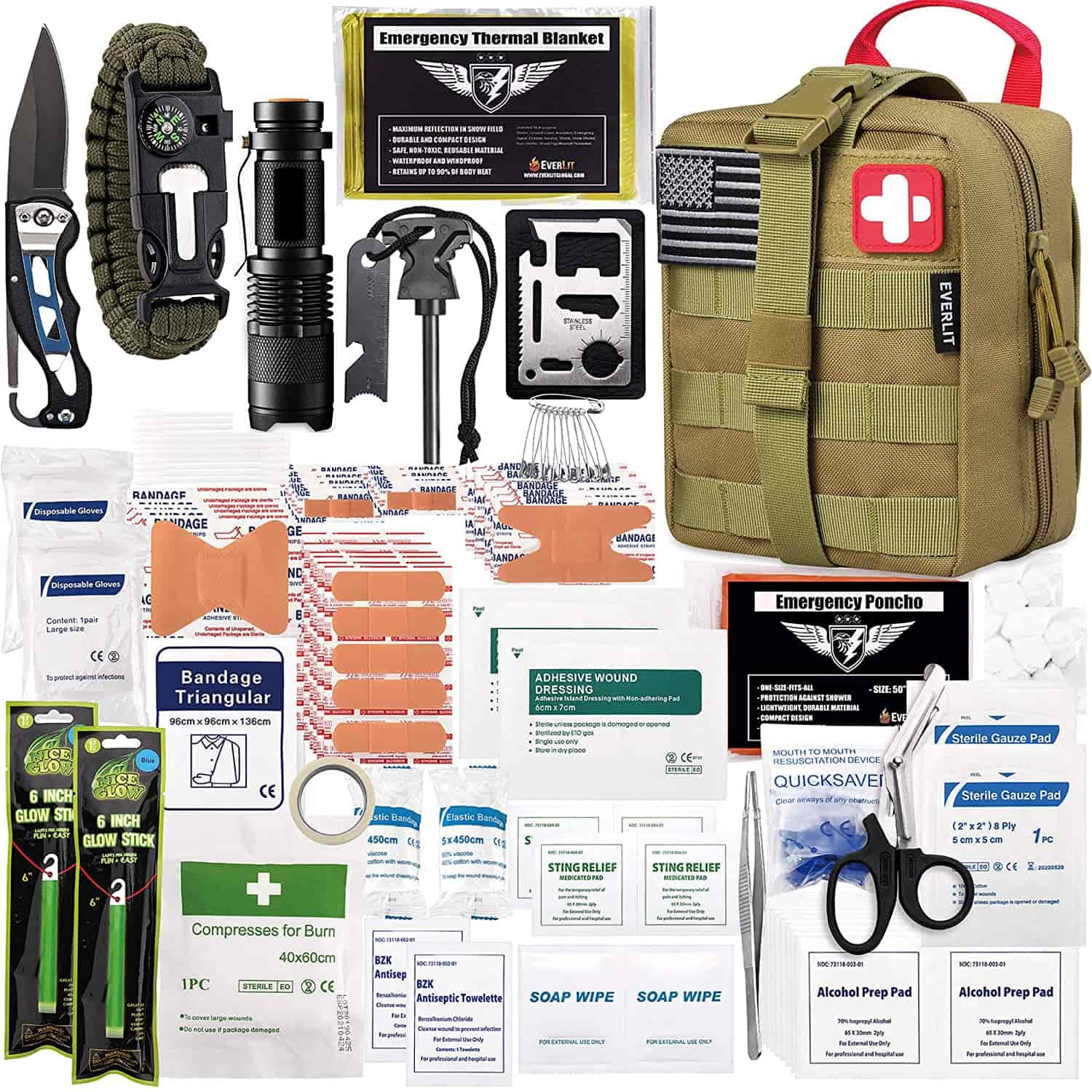 Brown Survival First Aid Kit တွင် 250 Piece First Aid Kit ပါရှိသည်။