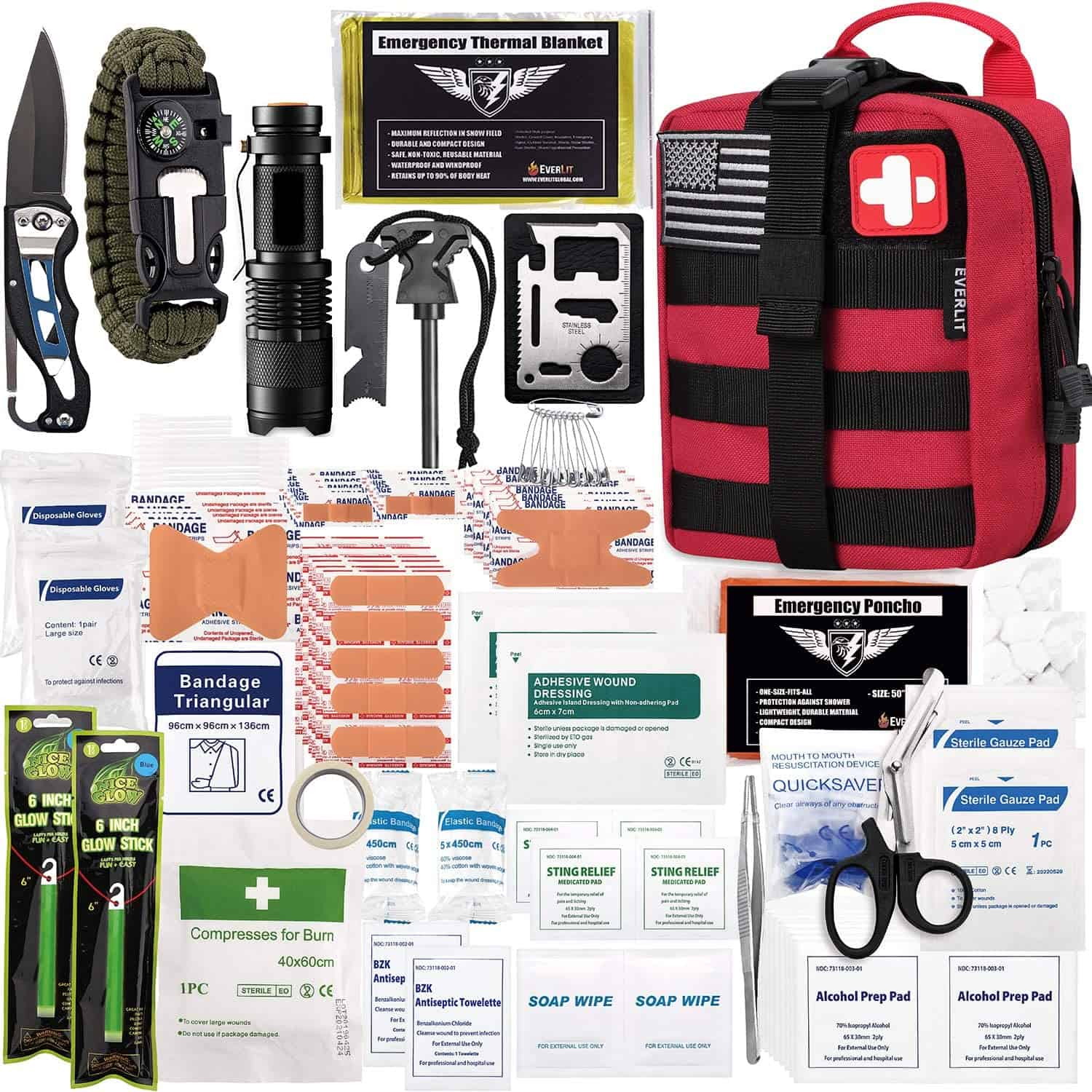 Red Survival First Aid Kit တွင် 250 Piece First Aid Kit ပါရှိသည်။