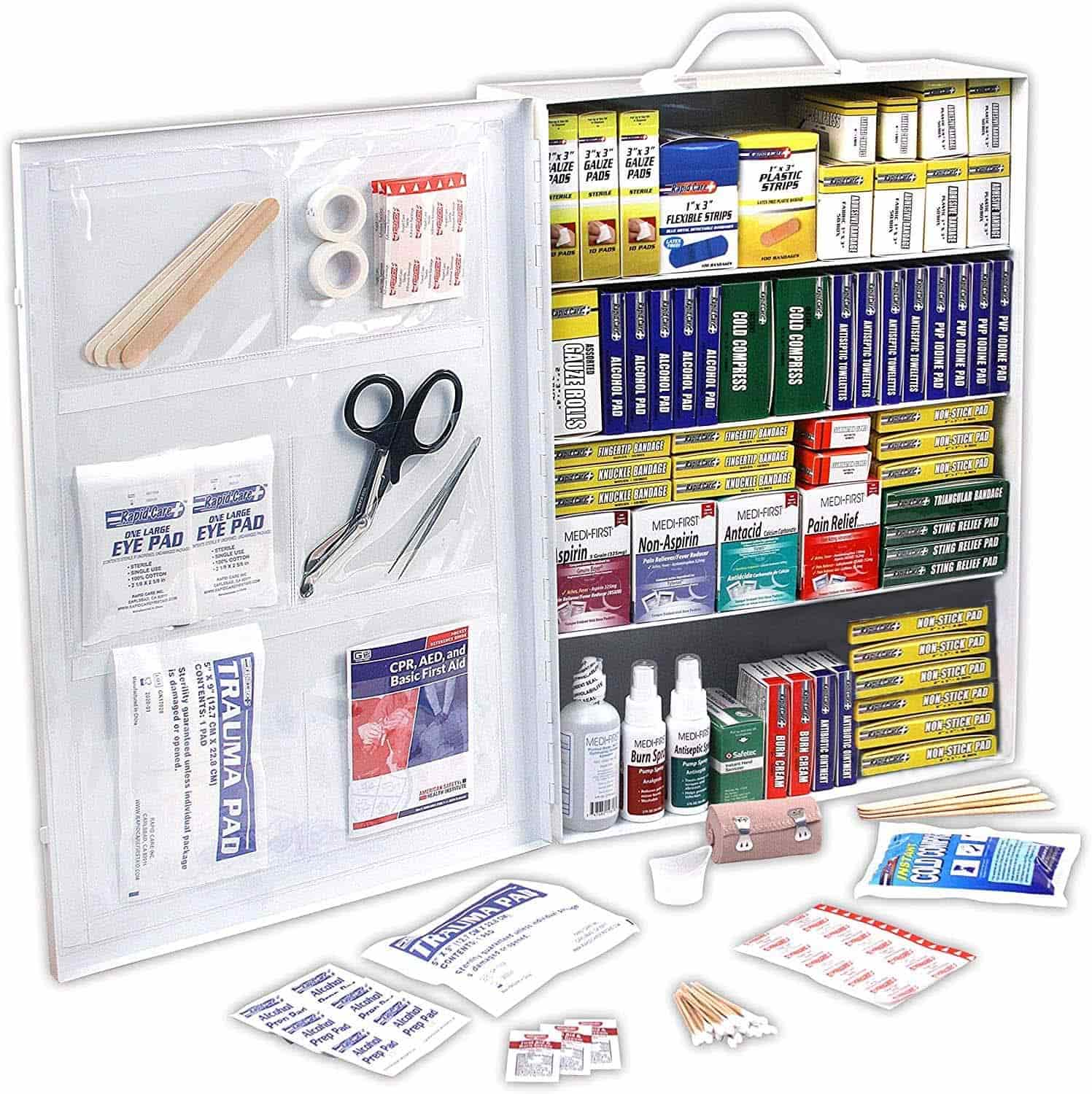 Wall Mountable 4 Shelf First Aid Kit Cabinet တွင် ပစ္စည်း ၁၁၀၀ ပါရှိသည်။